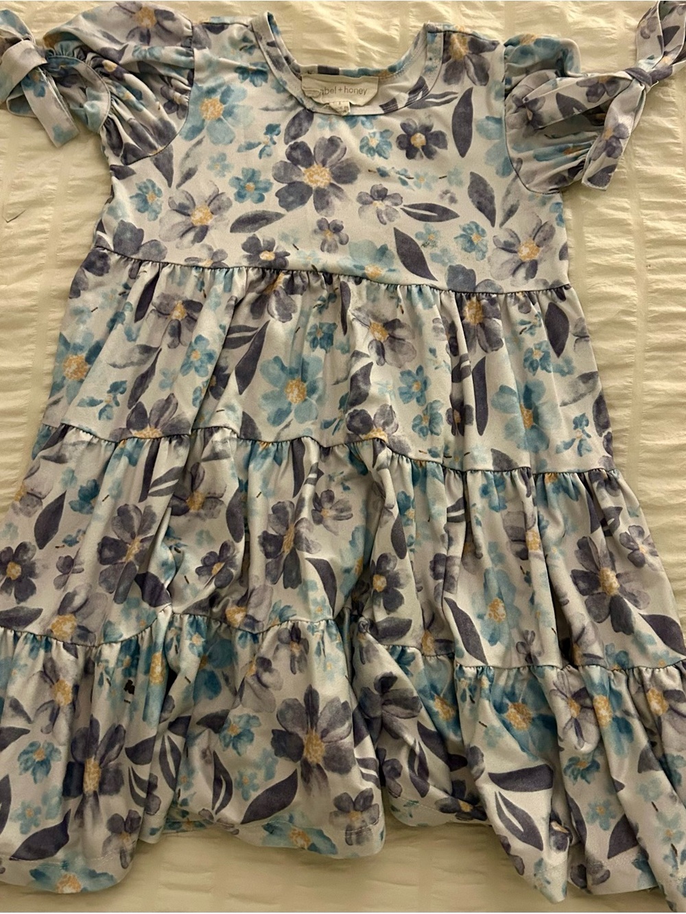 Blue Floral Tiered Tie-Sleeve Girls Dress